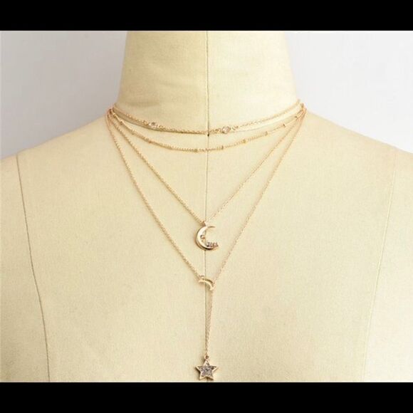 Gold Tone Crystal Multilayer Moon & Star Necklace - Picture 3 of 6